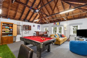 Smart TV, fireplace, video games, DVD player