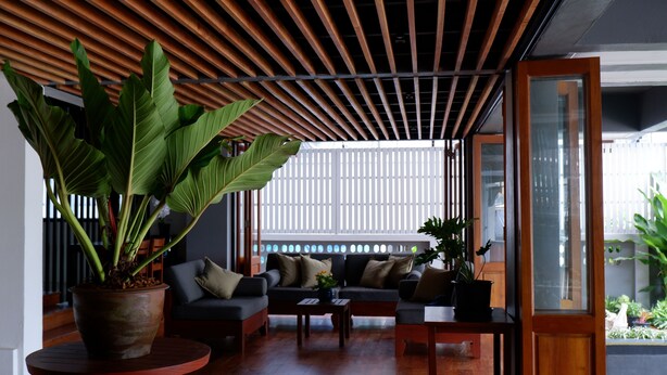 A modern living room with a wooden ceiling, a large potted plant, a sofa set, and a coffee table. - Nara Residence Trang (Trang)