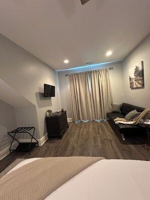 A modern bedroom with a bed, a sofa, a TV, and a window with curtains.