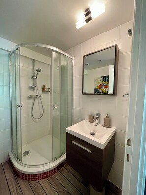 Shower, hair dryer, towels, toilet paper