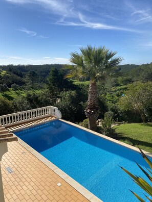 Outdoor pool, a heated pool - Stunning views, private position - 5 mins to beach!  Heated pool option & Aircon (Budens)