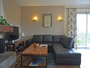 Televisión, chimenea, reproductor de DVD y estéreo 