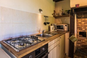 Een koelkast, een magnetron, een oven, een kookplaat