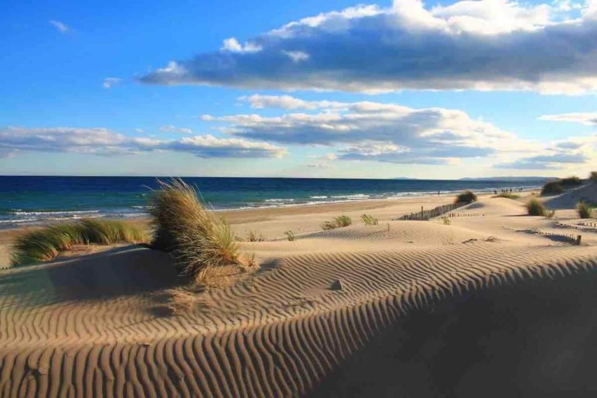 A beach with sand dunes and the ocean in the background.