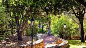 A stone pathway flanked by trees and stone walls, leading to a curved bench area. - Holiday apartment mit Klimaanlage und Pool (Liscia di Vacca)