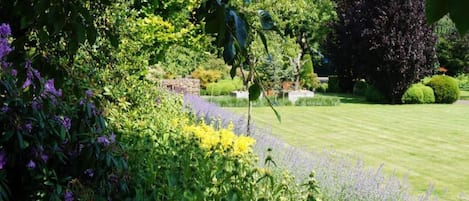 Un jardin bien entretenu, agrémenté de diverses plantes à fleurs, d’une pelouse soigneusement taillée et d’un mur de pierre en arrière-plan.