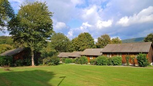 A row of wooden cabins with a grassy lawn in front.