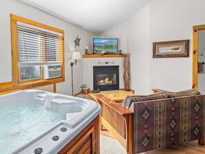 Romantic Cabin | Living area | 36-inch LED TV with cable channels, fireplace, DVD player - Mountain Shadows Resort (Estes Park)