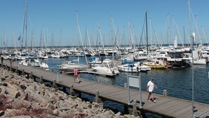 Ein Yachthafen mit zahlreichen Segelbooten, die an einer Holzsteg liegen.