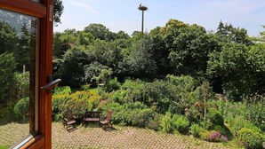 A garden with a wooden bench and a birdhouse.