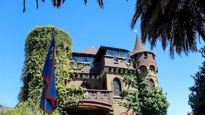 Un edificio histórico con una torre, muros cubiertos de hiedra y una gran bandera.