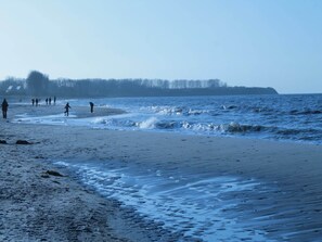 A beach with people walking along the shore.