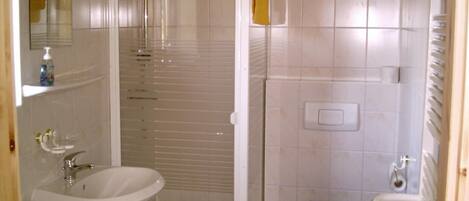Ein Badezimmer mit Dusche, Waschbecken, Toilette und Spiegel.
