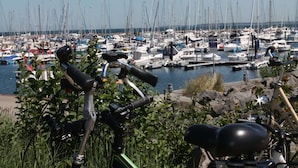 A marina with numerous boats docked, a bicycle in the foreground, and a clear view of the water. - Exklusiver Bungalow mit Terrasse in Rerik (Rerik)