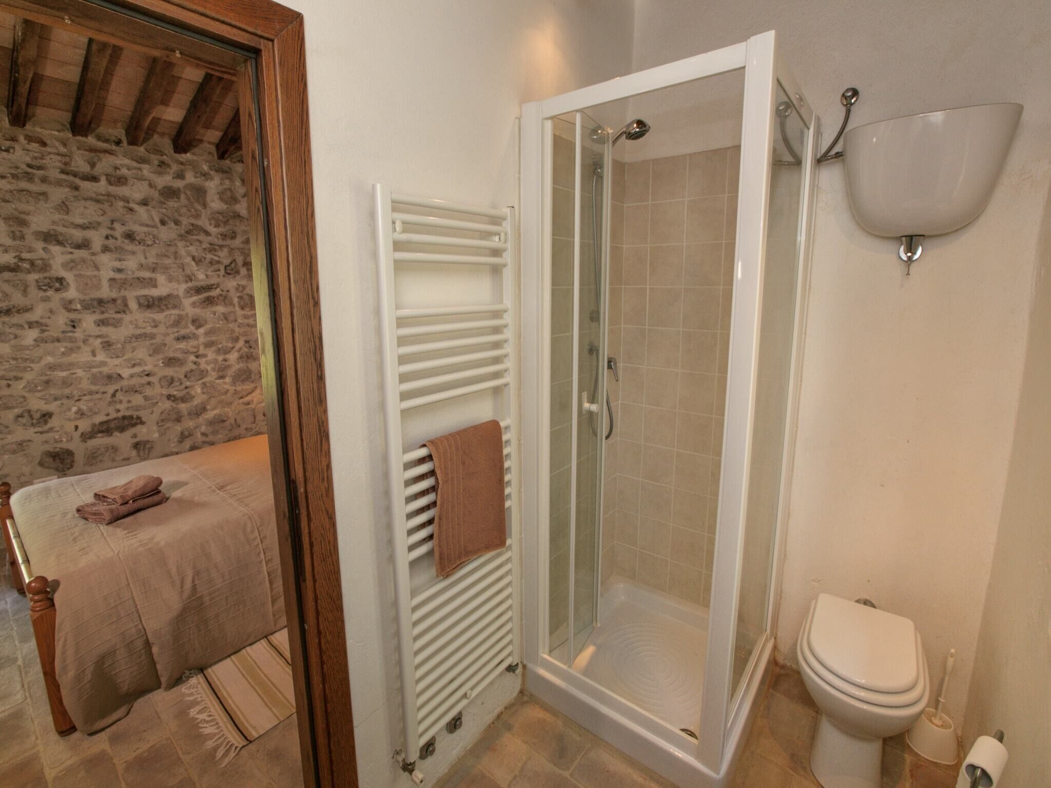 A bathroom with a shower, toilet, and a towel rack.