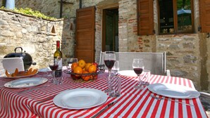 Un espace de restauration en plein air, avec un mur en pierre en arrière-plan, une table dressée avec des assiettes, des verres, une bouteille et un panier de fruits.