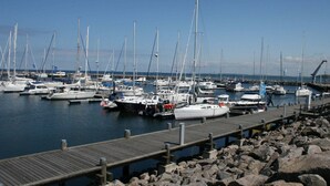 En småbåtshamn med flera segelbåtar förtöjda, en träbrygga och en stenstrand.