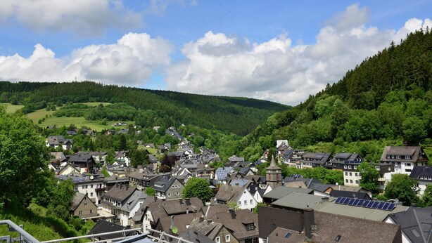 Eine Stadt mit traditioneller europäischer Architektur, umgeben von üppigen grünen Hügeln und einem klaren, blauen Himmel.