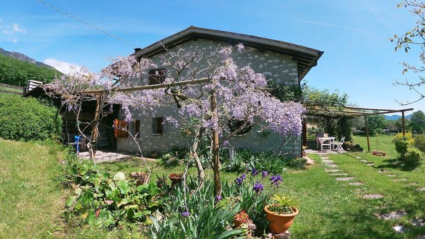 Ein Steinhaus mit Garten, eine Pergola mit lila Blüten und ein klarer Himmel.