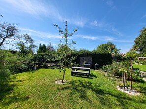A well-maintained garden with a picnic table, a barbecue grill, and a small tree. - Ferienwohnung in den Hüttenroder Bergen (Hüttenrode)