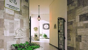 Un pasillo con paredes de piedra, una planta en maceta, una lámpara colgante y una elaborada verja negra.