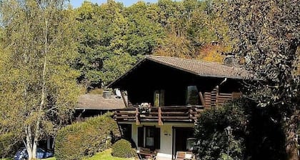 Chalet acogedor con una chimenea, que se encuentra en una zona boscosa