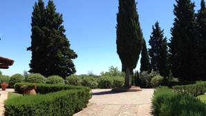 A paved garden pathway surrounded by neatly trimmed hedges and tall trees. - Montaione Oasis: Shared Villa (Montaione)