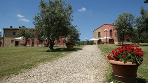 A gravel path leading to a building with a red-tiled roof and stone walls. There are potted plants with red flowers and umbrellas along the path. - Belvilla by OYO Istrice (Capraia E Limite (fi))