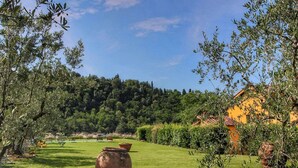 Ein Garten mit einem großen Terrakottatopf, einem gelben Gebäude und einem bewaldeten Hügel im Hintergrund.
