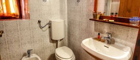 A bathroom with a toilet, bidet, sink, and a mirror above the sink.
