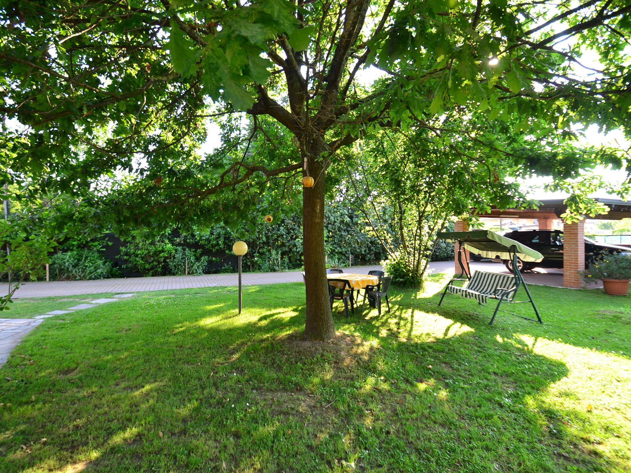 A tree-lined outdoor area with a picnic table and a swing set.