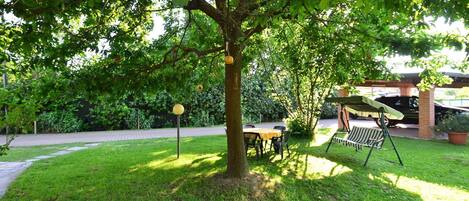 A tree-lined outdoor area with a picnic table and a swing set.