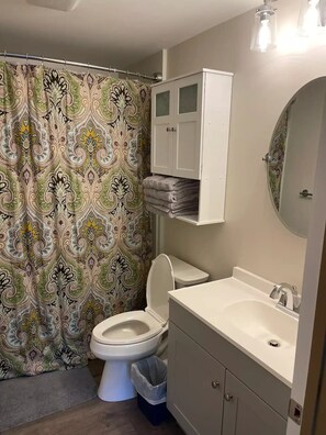 Dusche, Haartrockner, Handtücher, Toilettenpapier