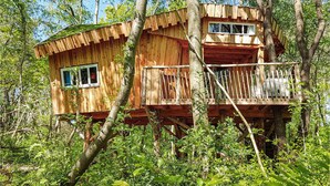 Una casa del árbol de madera con balcón, rodeada de un bosque denso.