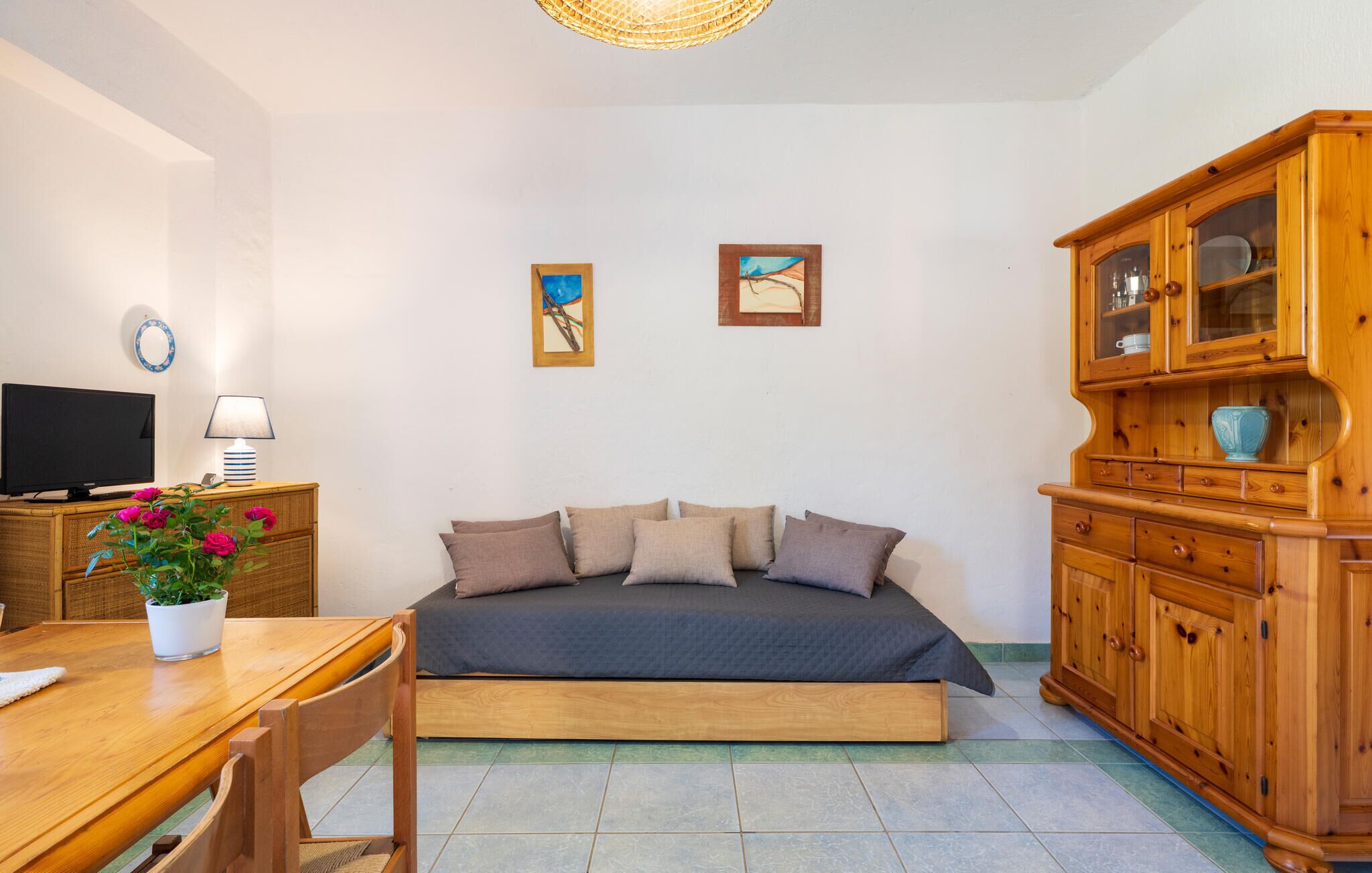 Een slaapkamer met een bed, een houten kast, een televisie en een tafel met een plant.