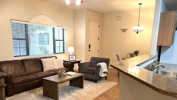 A living room with a brown leather sofa, a gray armchair, and a coffee table. There is a kitchen area with a sink and a countertop.