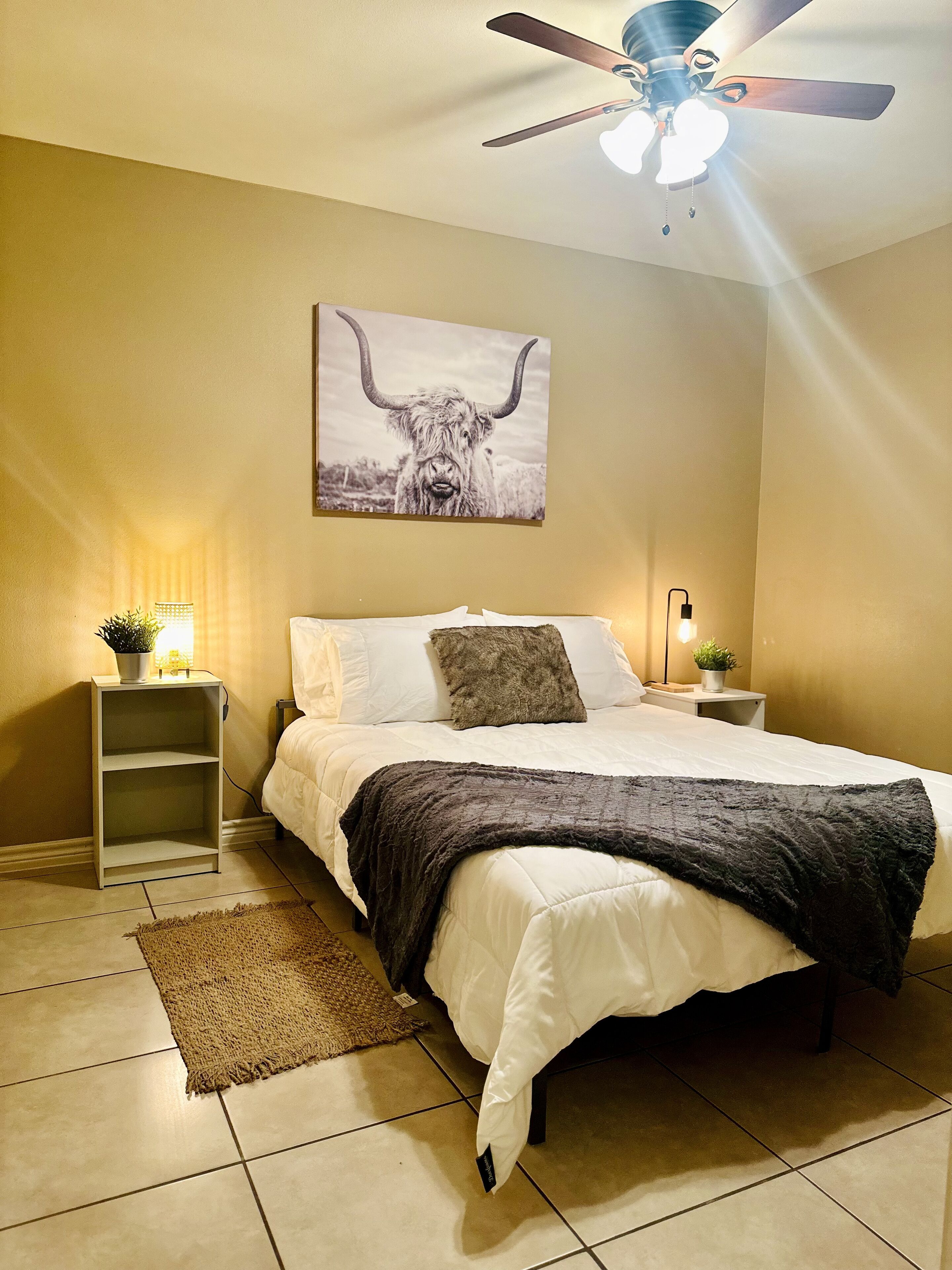 A bedroom with a bed, a ceiling fan, a nightstand with a lamp, a wall-mounted picture, and a small shelf.