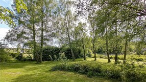 Een verzorgde tuin met verschillende bomen en struiken, een helder pad en een gazon.