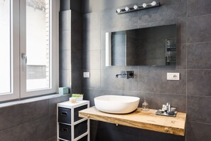 Shower, hair dryer, bidet, towels