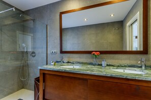 Shower, hair dryer, towels