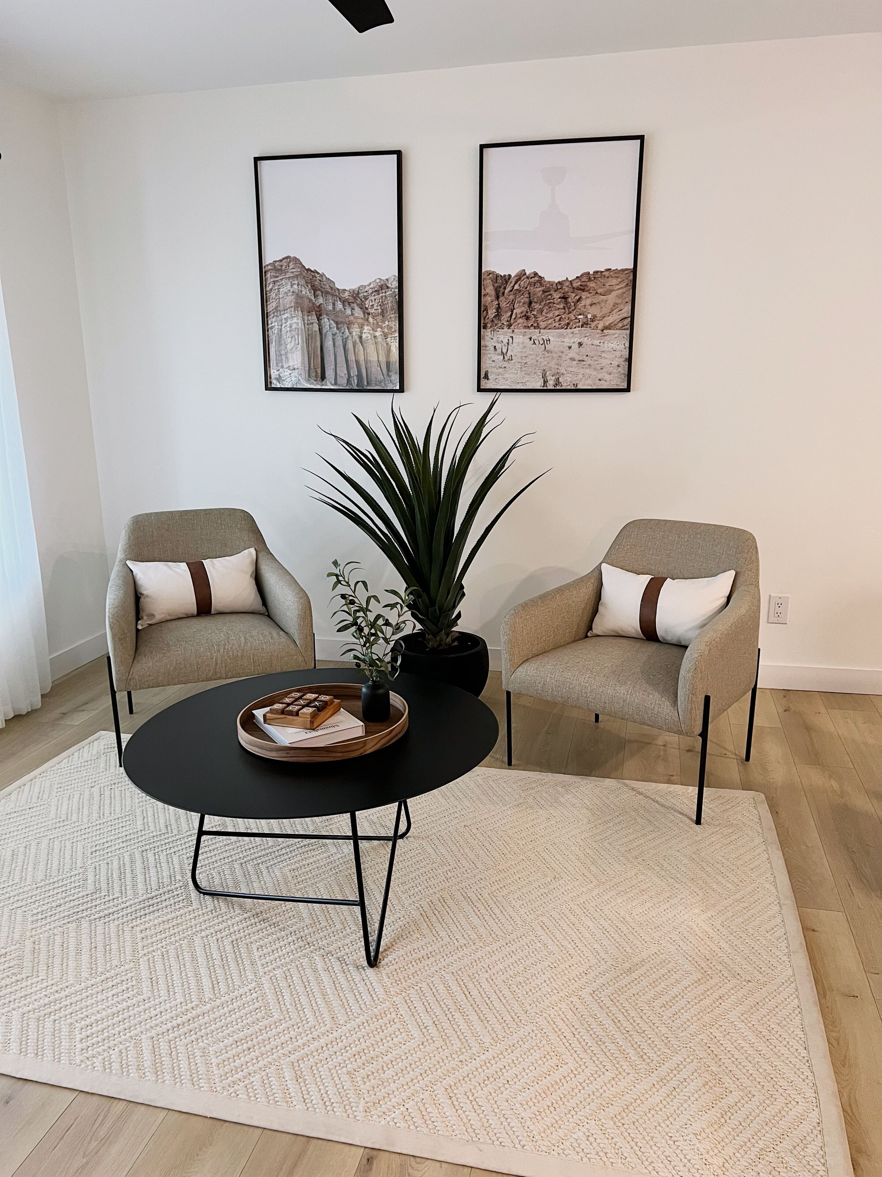 Un salon moderne avec deux fauteuils, une table basse sur laquelle se trouve un plateau de collations, une plante en pot et deux tableaux encadrés accrochés au mur.
