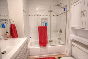 Hair dryer, towels, toilet paper