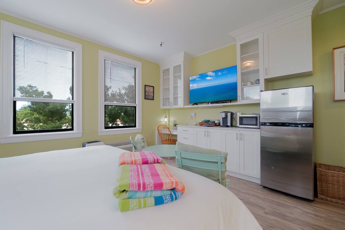A bedroom with a bed, a desk, a chair, a television, and a refrigerator.