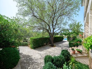 Stroll through the beautifully maintained garden, surrounded by lush greenery and a large tree providing shade.