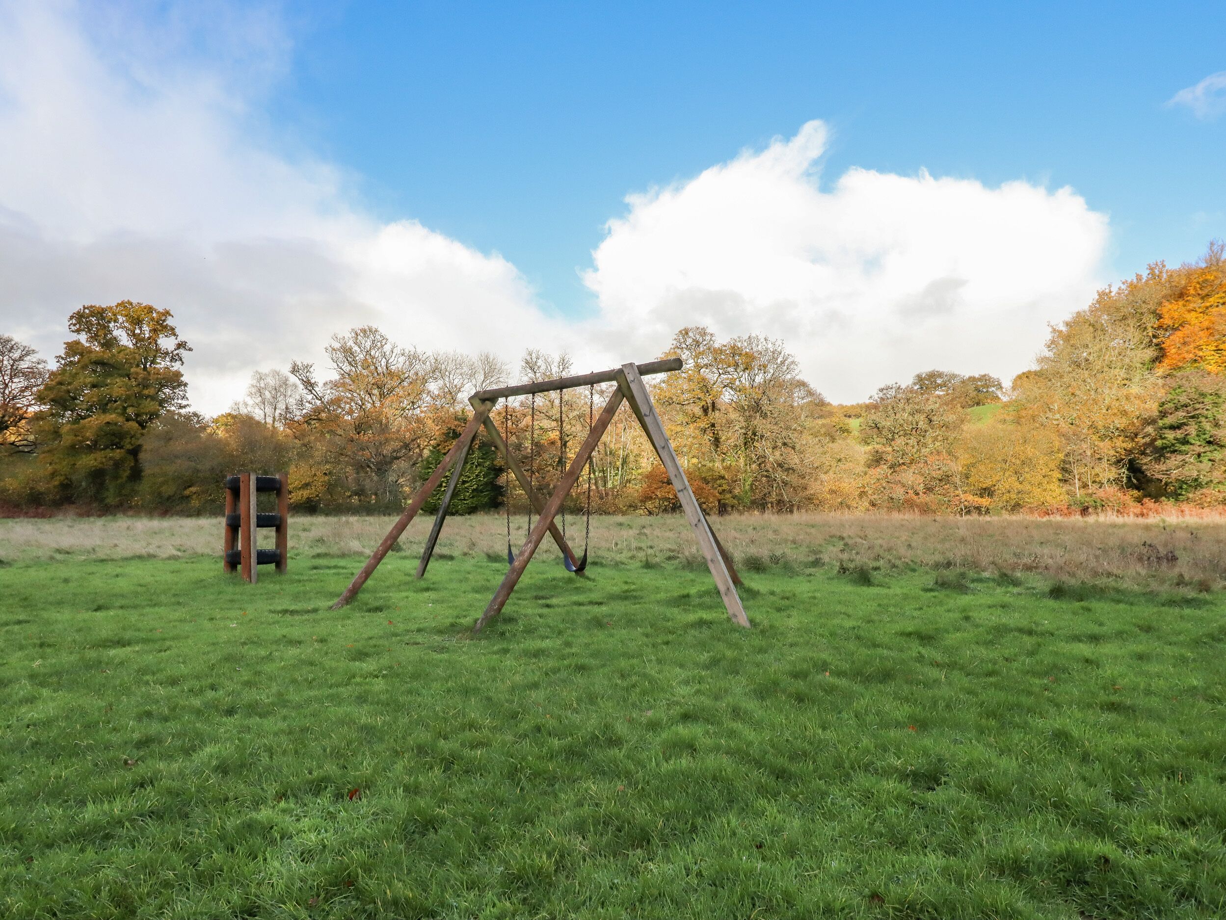 A swing set in a grassy field with trees in the background.