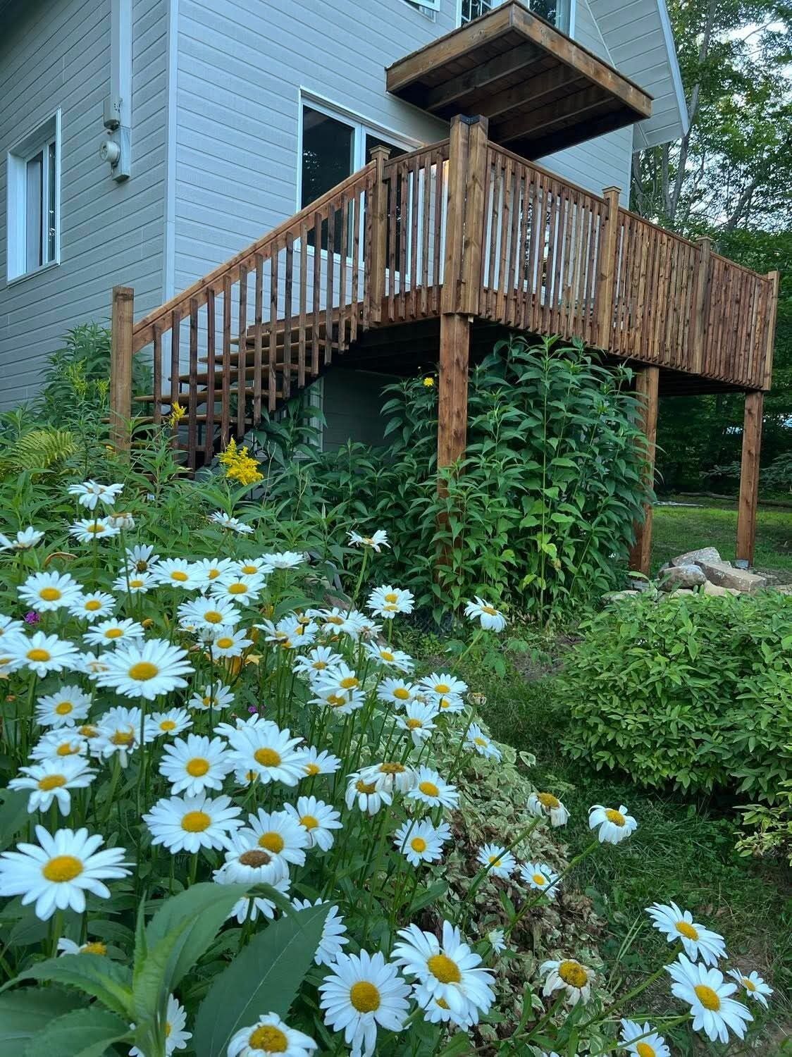A wooden deck leading to a house with a covered porch.