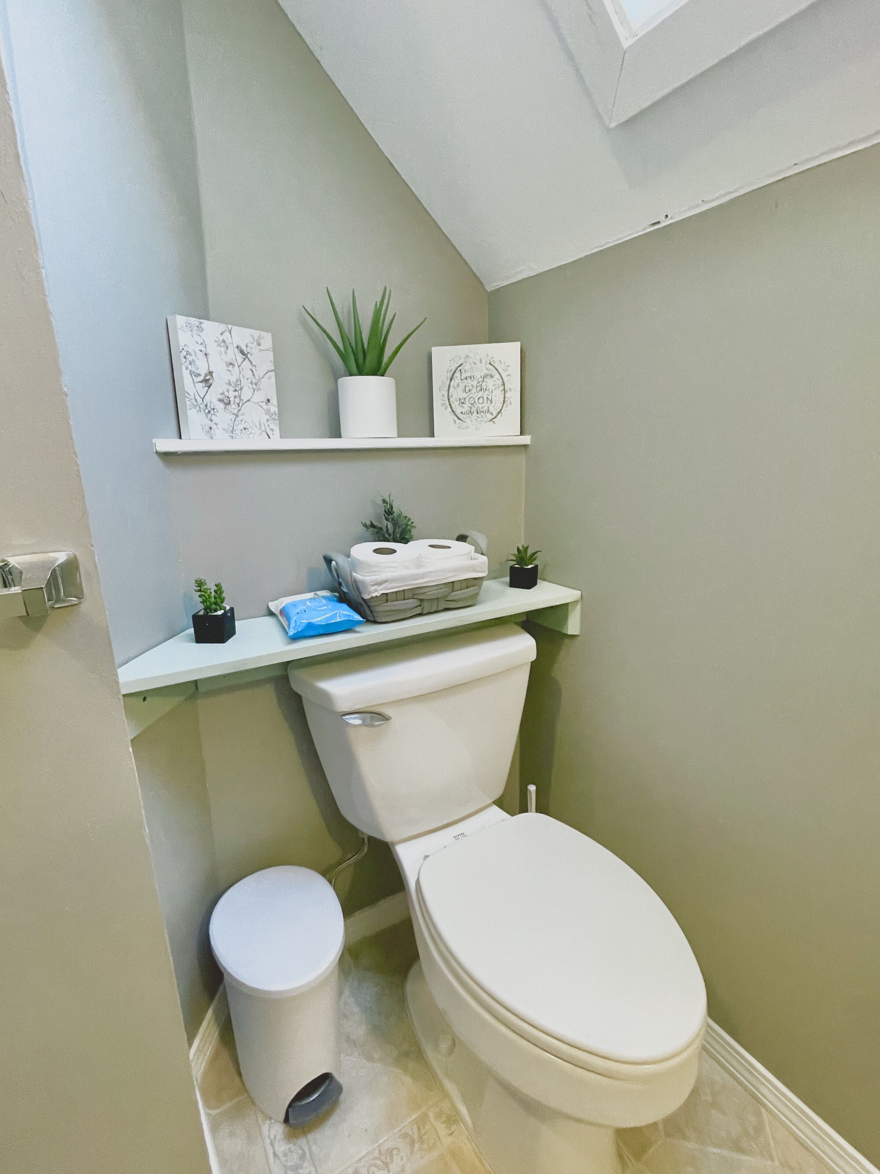 Een kleine badkamer met een toilet, een klein prullenbakje en een plank met decoratieve items en planten.