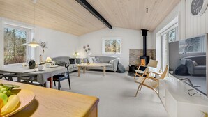 A cozy living room with a fireplace, a dining area, and a seating area with a sofa and chairs. - 3 bedroom lovely home in Hurup Thy (Hurup Thy)