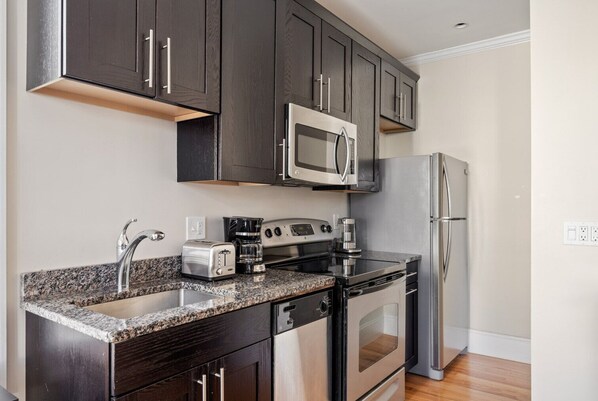 Fridge, microwave, oven, dishwasher