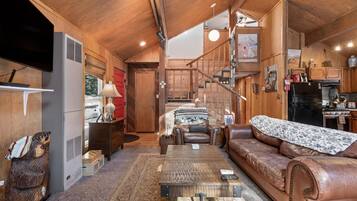 TV, fireplace, books, offices